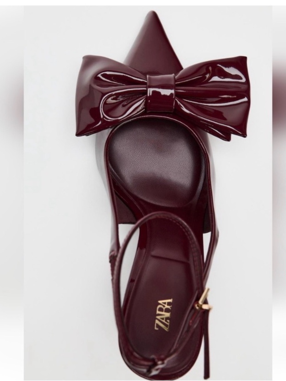 Zara Burgundy Patent Pointed Bow Slingback Heels